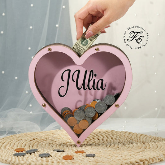 Personalized Handmade Wood Pink Heart Piggy Bank - Name Piggy Bank