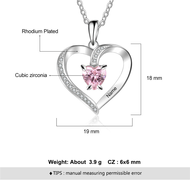 Custom Heart Cut Stone and Engraved Name Heart Pendant Necklace .925 Silver