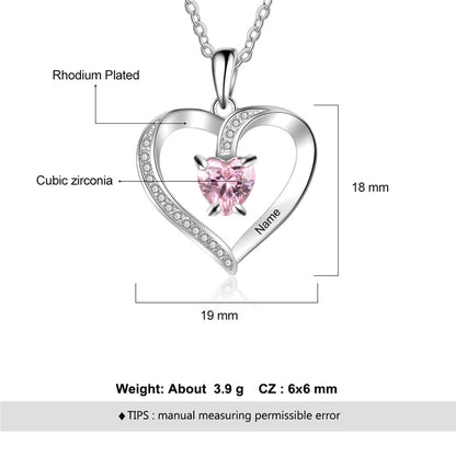 Custom Heart Cut Stone and Engraved Name Heart Pendant Necklace .925 Silver