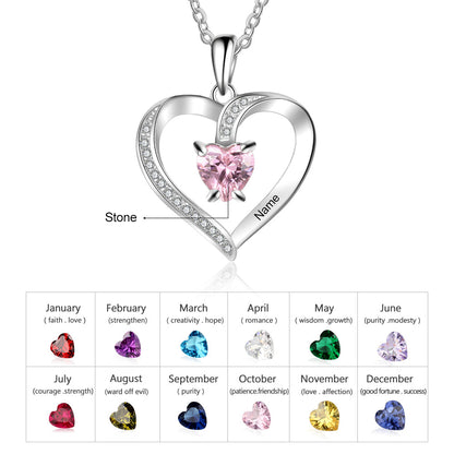 Custom Heart Cut Stone and Engraved Name Heart Pendant Necklace .925 Silver