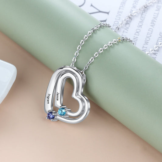 Personalized Mother's Necklace 2 Birthstones 2 Engraved Names Echo Hearts