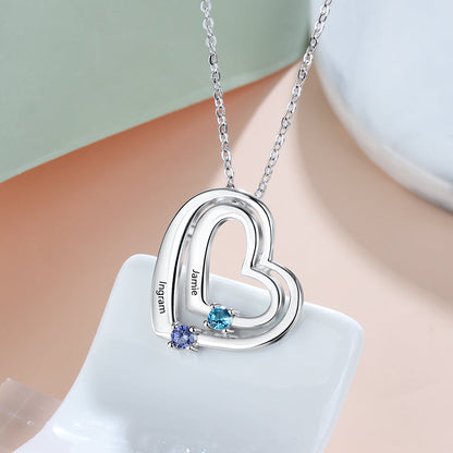 Personalized Mother's Necklace 2 Birthstones 2 Engraved Names Echo Hearts