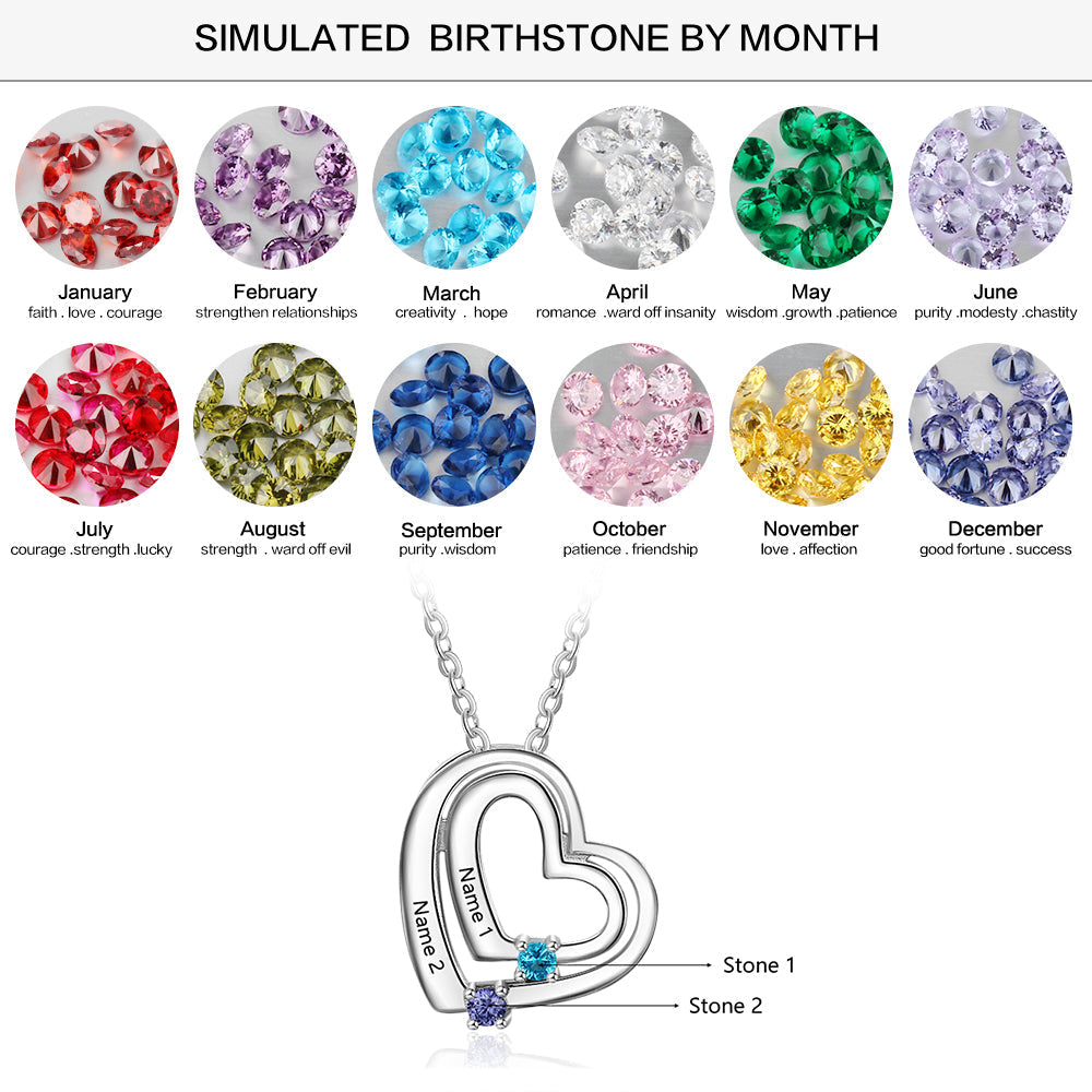 Personalized Mother's Necklace 2 Birthstones 2 Engraved Names Echo Hearts