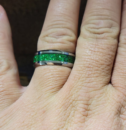 Personalized Men's Green Emerald Galaxy Tungsten Promise Ring