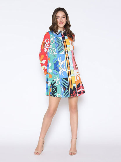 Tribal Print Pearl Button-Down Shirt Dress
