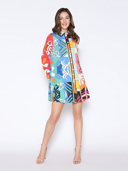 Tribal Print Pearl Button-Down Shirt Dress