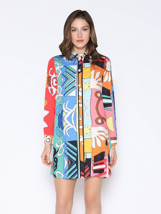 Tribal Print Pearl Button-Down Shirt Dress
