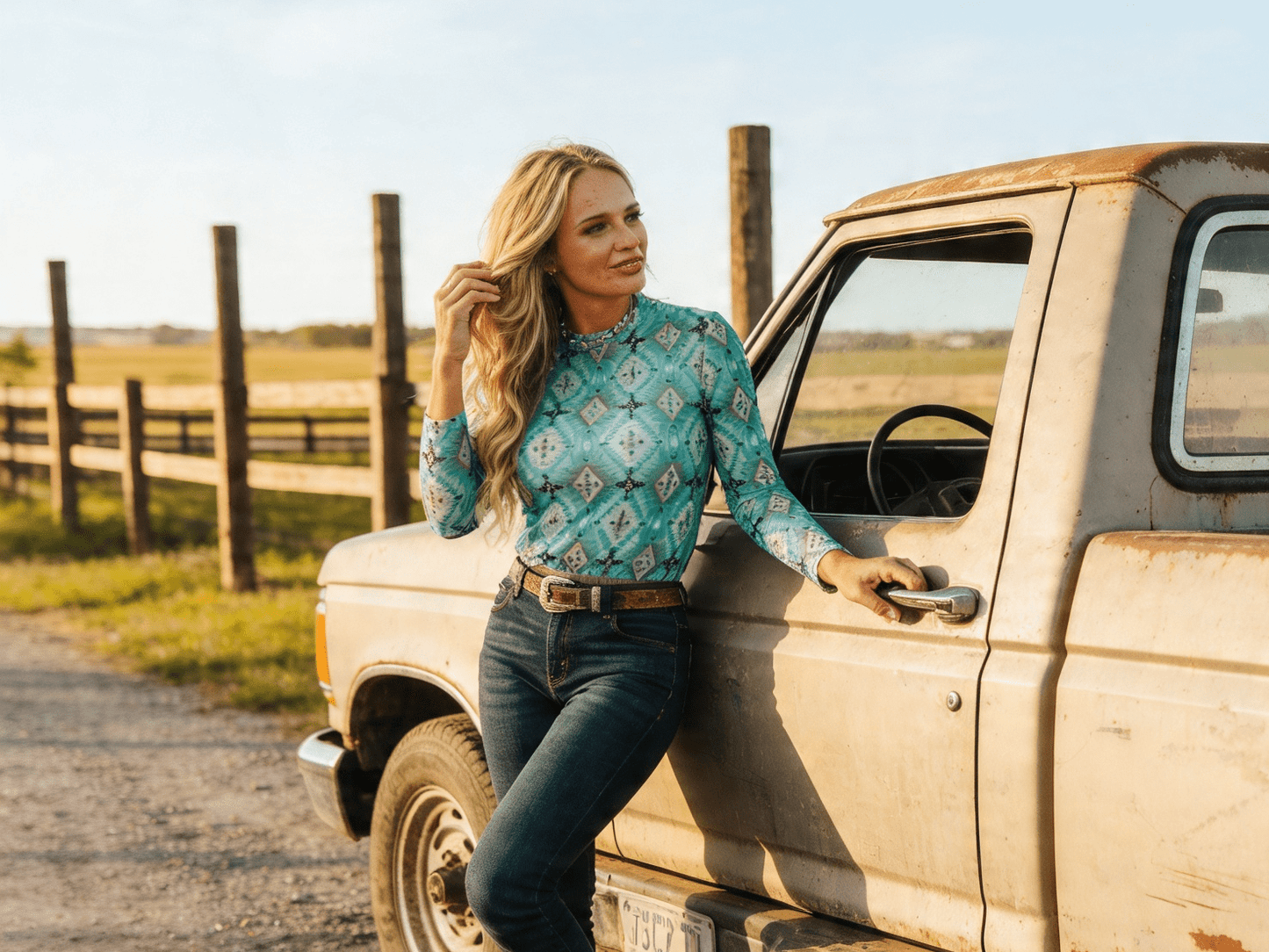 LUCKY & BLESSED Turquoise Aztec Print Long Sleeve Mesh Western Top — Bold Southwestern Geometric Layering Piece