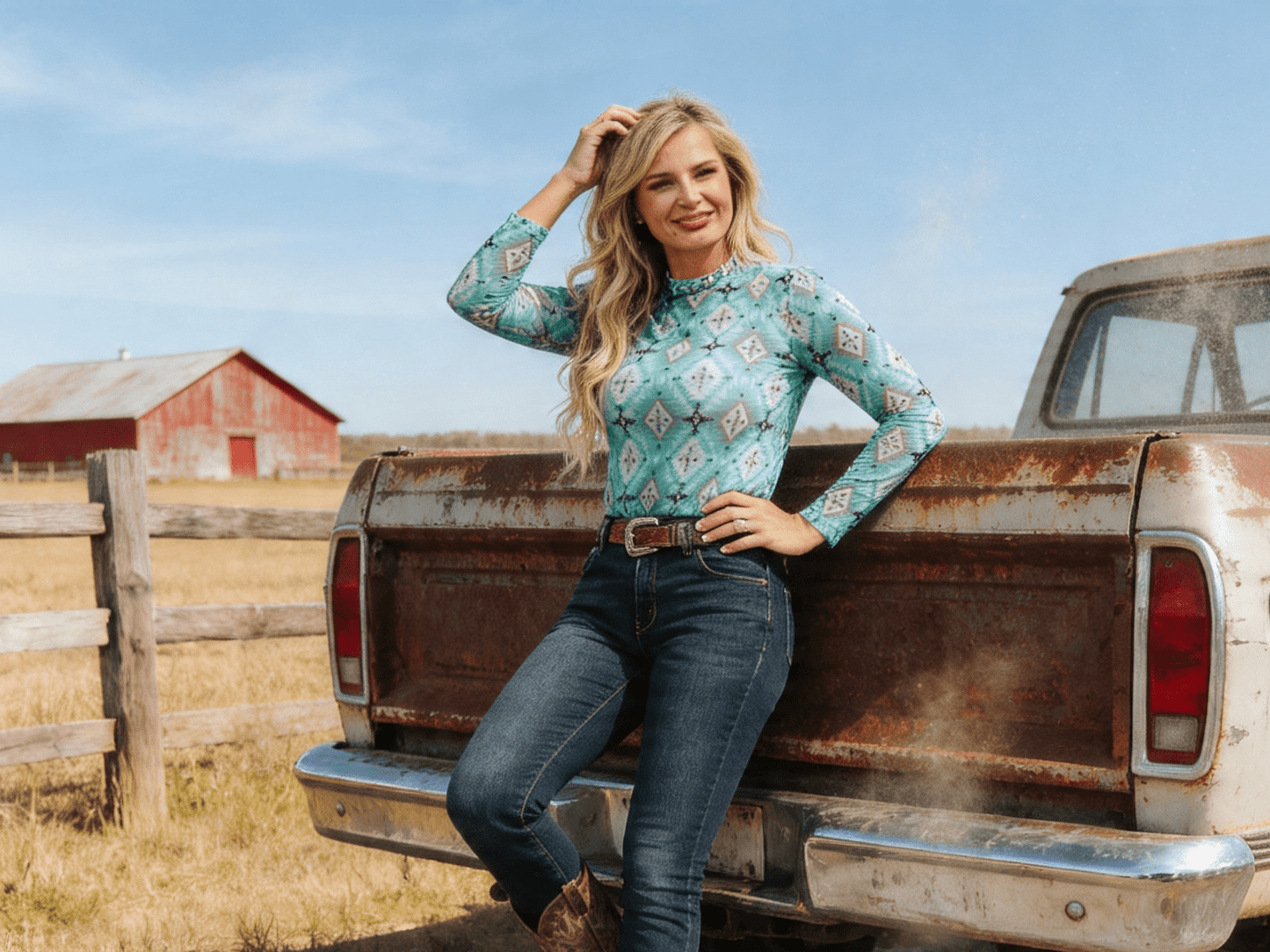 LUCKY & BLESSED Turquoise Aztec Print Long Sleeve Mesh Western Top — Bold Southwestern Geometric Layering Piece