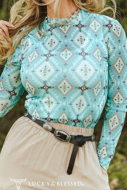 LUCKY & BLESSED Turquoise Aztec Print Long Sleeve Mesh Western Top — Bold Southwestern Geometric Layering Piece