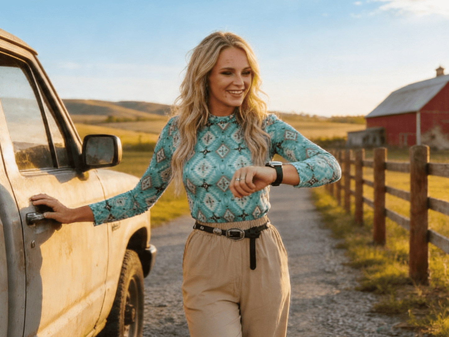 LUCKY & BLESSED Turquoise Aztec Print Long Sleeve Mesh Western Top — Bold Southwestern Geometric Layering Piece