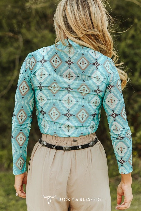 LUCKY & BLESSED Turquoise Aztec Print Long Sleeve Mesh Western Top — Bold Southwestern Geometric Layering Piece