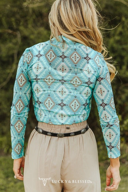 LUCKY & BLESSED Turquoise Aztec Print Long Sleeve Mesh Western Top — Bold Southwestern Geometric Layering Piece
