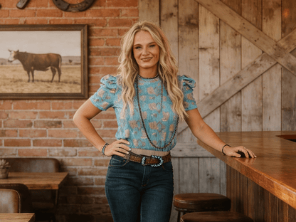 LUCKY & BLESSED Turquoise Boots Print Puff Short Sleeve Western Top — Iconic Western Boot Print Cowgirl Statement