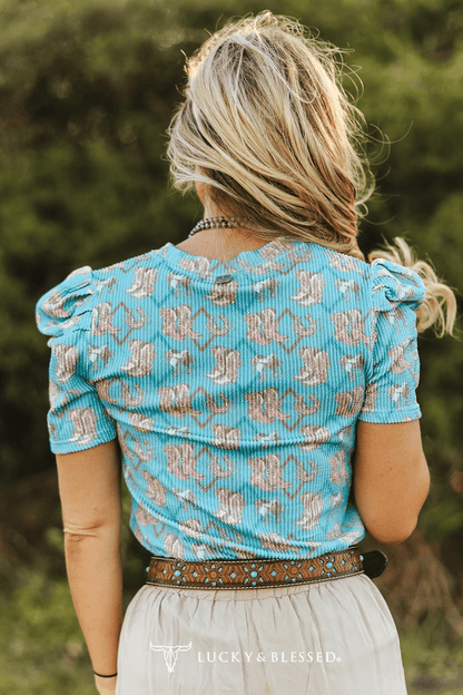 LUCKY & BLESSED Turquoise Boots Print Puff Short Sleeve Western Top — Iconic Western Boot Print Cowgirl Statement