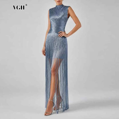 Vestido Elegante para Fiesta VGH Azul con Cuello Alto y Flecos Midi