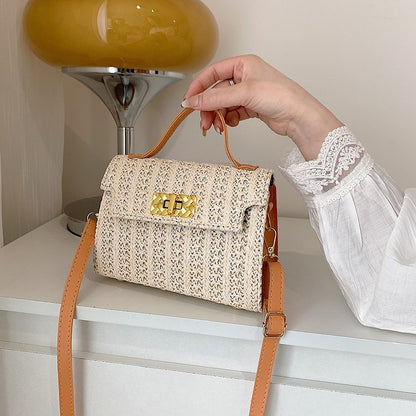 Vintage Flap Buckle Design Straw Crossbody Bag