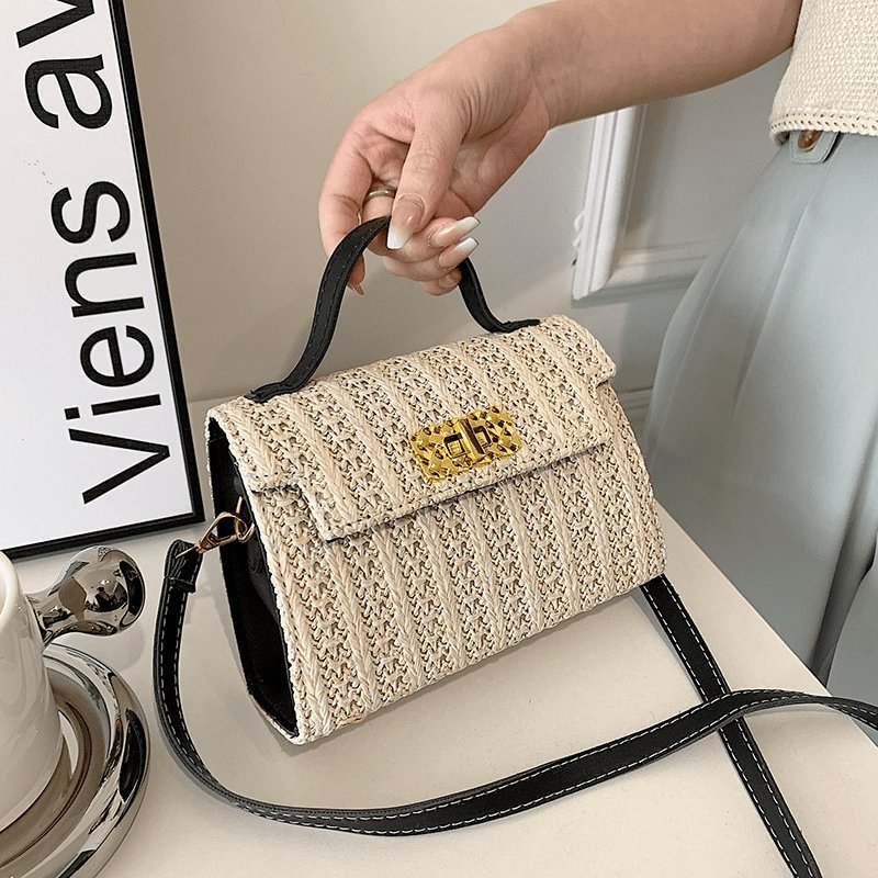 Vintage Flap Buckle Design Straw Crossbody Bag