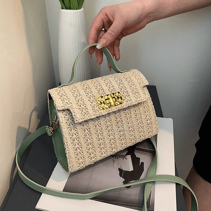 Vintage Flap Buckle Design Straw Crossbody Bag