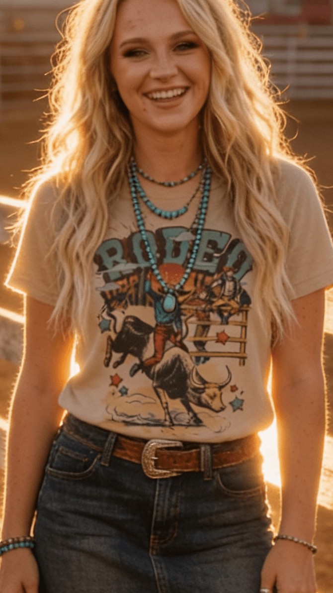 1/2 Penny "Vintage Rodeo Bull Rider" Western Graphic Tee — Sand Cotton-Blend Unisex Western Statement
