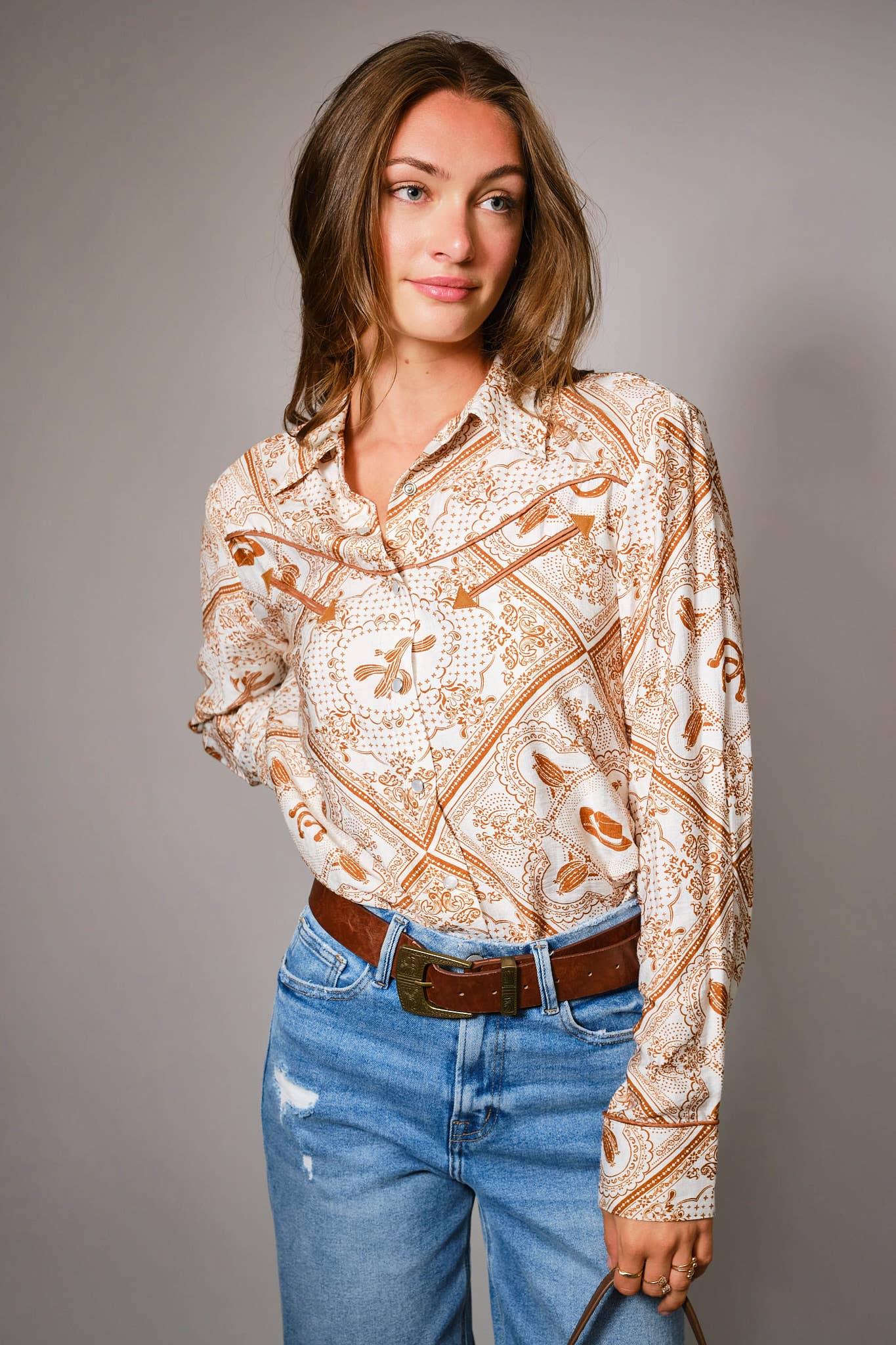 Blue B "Rust Bandana" Vintage Western Snap-Front Shirt — Buttery-Soft 100% Rayon Cowgirl Outlaw