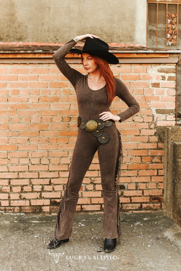 Western Fringe Mineral Wash Flare Jumpsuit - Dark Brown