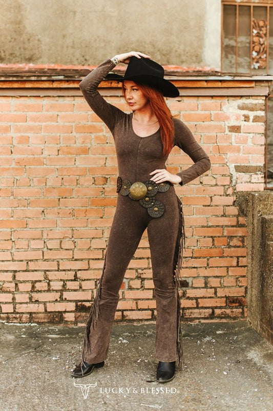 Western Fringe Mineral Wash Flare Jumpsuit - Dark Brown