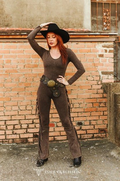 Western Fringe Mineral Wash Flare Jumpsuit - Dark Brown