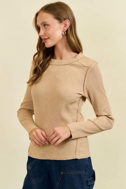 Doe and Rae Western Yoke Ribbed Long-Sleeve Tee — Cinnamon or Acorn Stretch Knit with Exposed Seams
