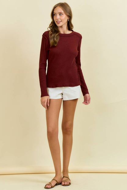 Doe and Rae Western Yoke Ribbed Long-Sleeve Tee — Cinnamon or Acorn Stretch Knit with Exposed Seams