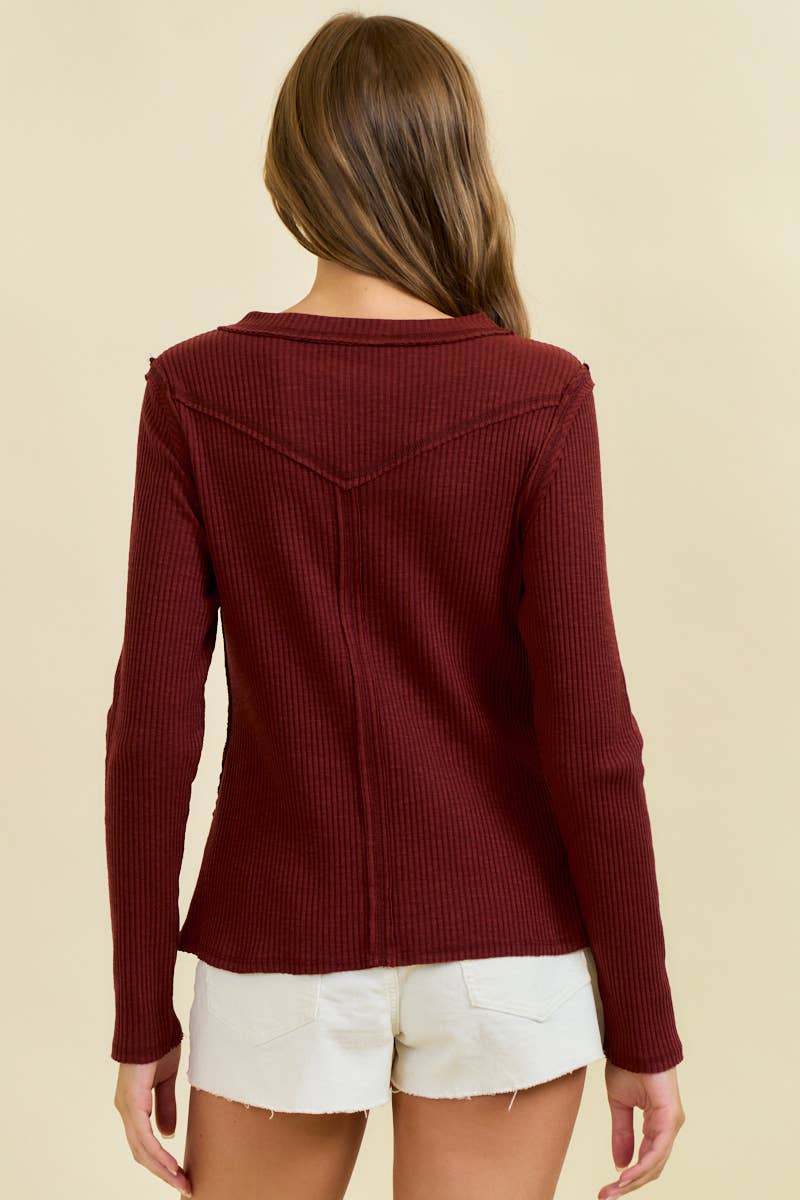 Doe and Rae Western Yoke Ribbed Long-Sleeve Tee — Cinnamon or Acorn Stretch Knit with Exposed Seams
