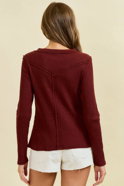 Doe and Rae Western Yoke Ribbed Long-Sleeve Tee — Cinnamon or Acorn Stretch Knit with Exposed Seams