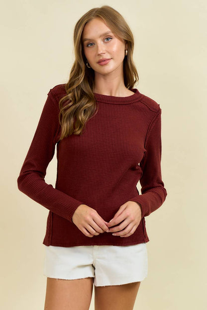 Doe and Rae Western Yoke Ribbed Long-Sleeve Tee — Cinnamon or Acorn Stretch Knit with Exposed Seams