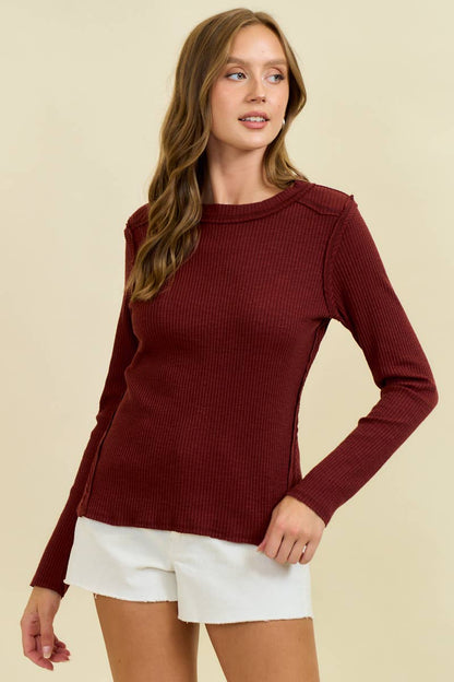 Doe and Rae Western Yoke Ribbed Long-Sleeve Tee — Cinnamon or Acorn Stretch Knit with Exposed Seams