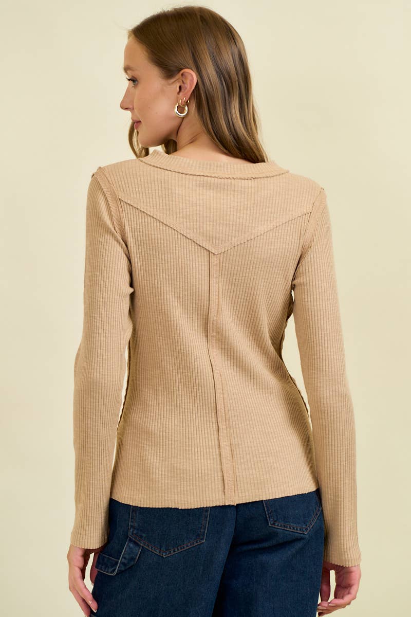 Doe and Rae Western Yoke Ribbed Long-Sleeve Tee — Cinnamon or Acorn Stretch Knit with Exposed Seams