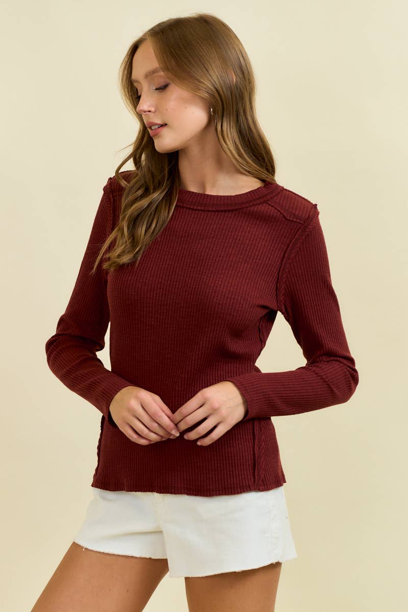 Doe and Rae Western Yoke Ribbed Long-Sleeve Tee — Cinnamon or Acorn Stretch Knit with Exposed Seams