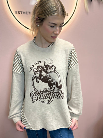VERY J "Wild West Cowgirls" Western Graphic Knit Top — Oversized Mixed Media (Taupe or Olive)