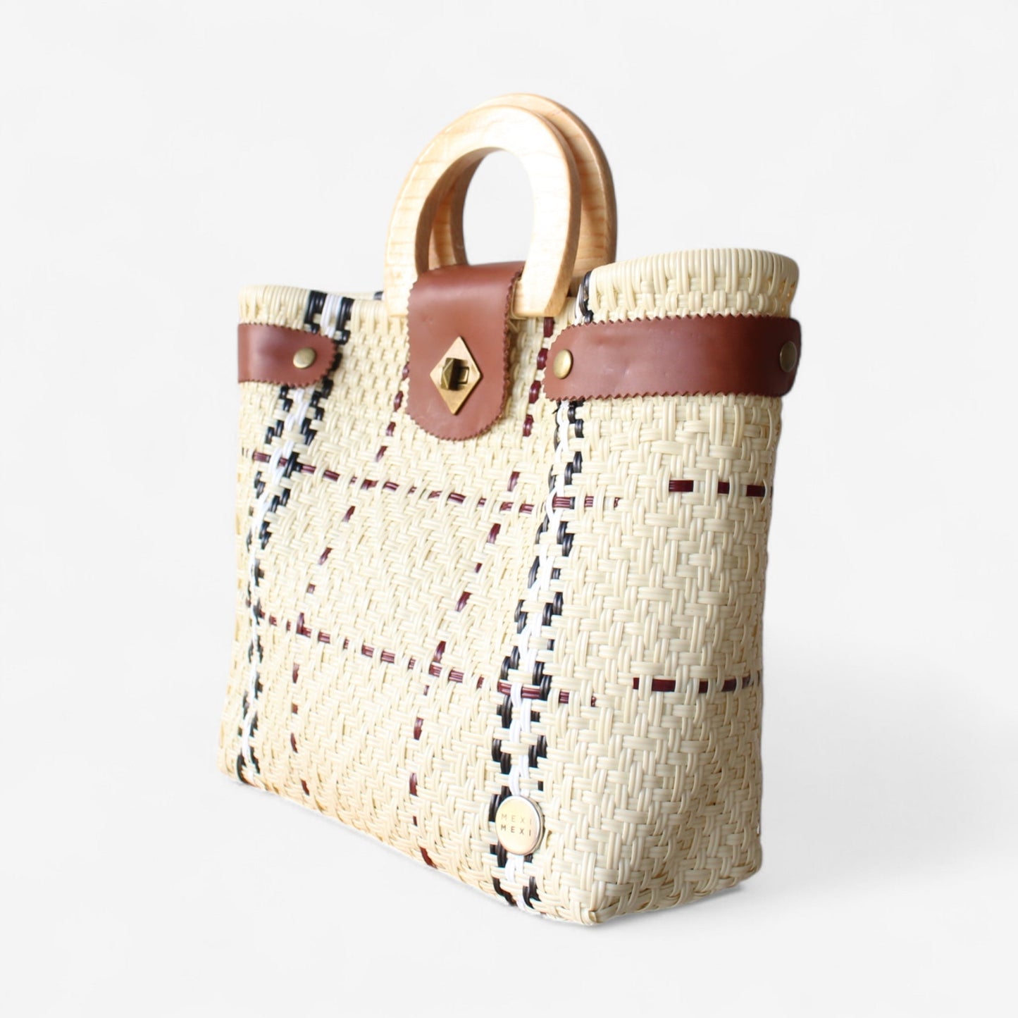 Beige, Black & Red Tote Wood Handles